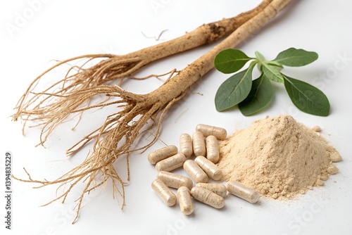 Ashwagandha roots leaf capsule and powder 