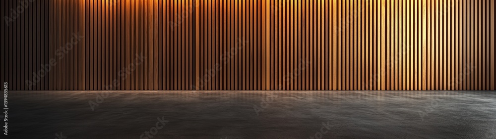 A vertical slatted wood-panel wall, evenly illuminated to highlight its texture. The dark concrete floor contrasts elegantly with the warmth of the wall. A vertical slatted wood-panel wall, evenly illuminated to highlight its texture. The dark concrete floor contrasts elegantly with the warmth of the wall.