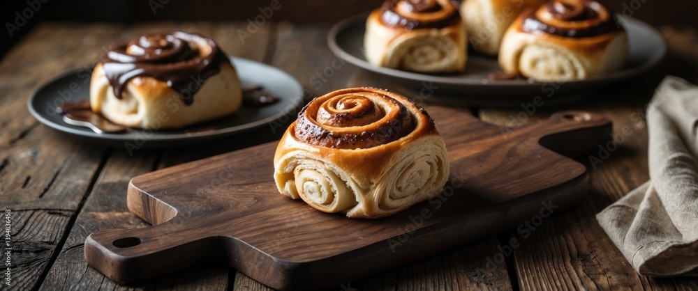 Cinnabon rolls on a wooden surface accompanied by a napkin against a dark backdrop. Side perspective with space for text. Vertical layout. Traditional bun. Cinnabon rolls on a wooden surface accompanied by a napkin against a dark backdrop. Side perspective with space for text. Vertical layout. Traditional bun.