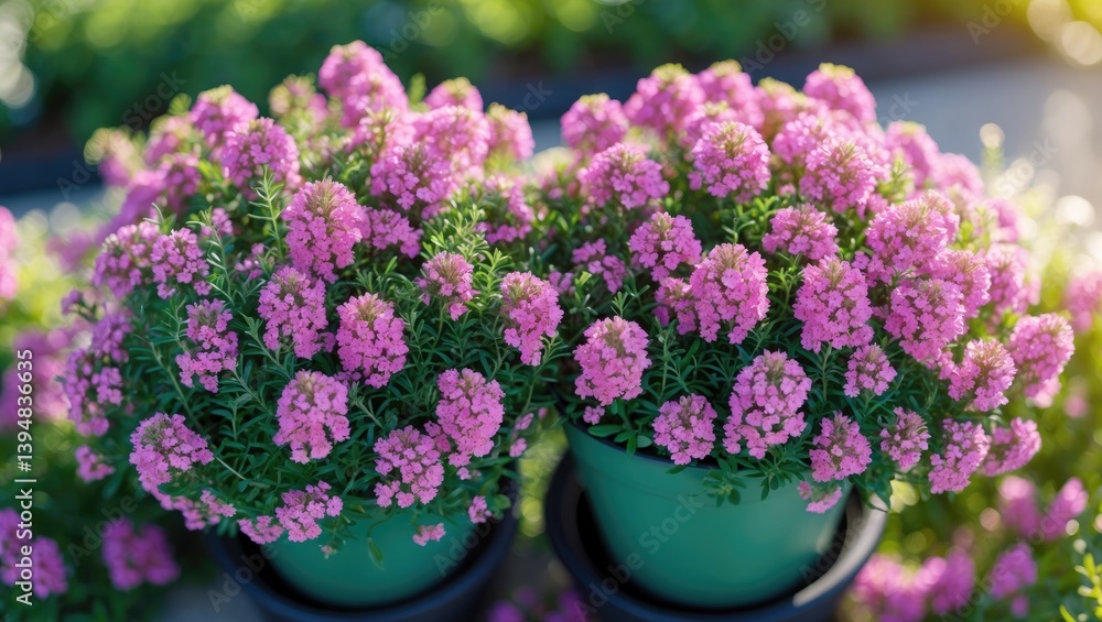 Potted Thymus groundcover. Pink and purple floral display. Picture for plant catalog or nursery. Green space available for purchase. Close-up image. Potted Thymus groundcover. Pink and purple floral display. Picture for plant catalog or nursery. Green space available for purchase. Close-up image.