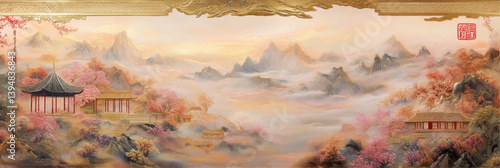 pink vector chinese mountains landscape with pavilions in style of embroidery craft illustration