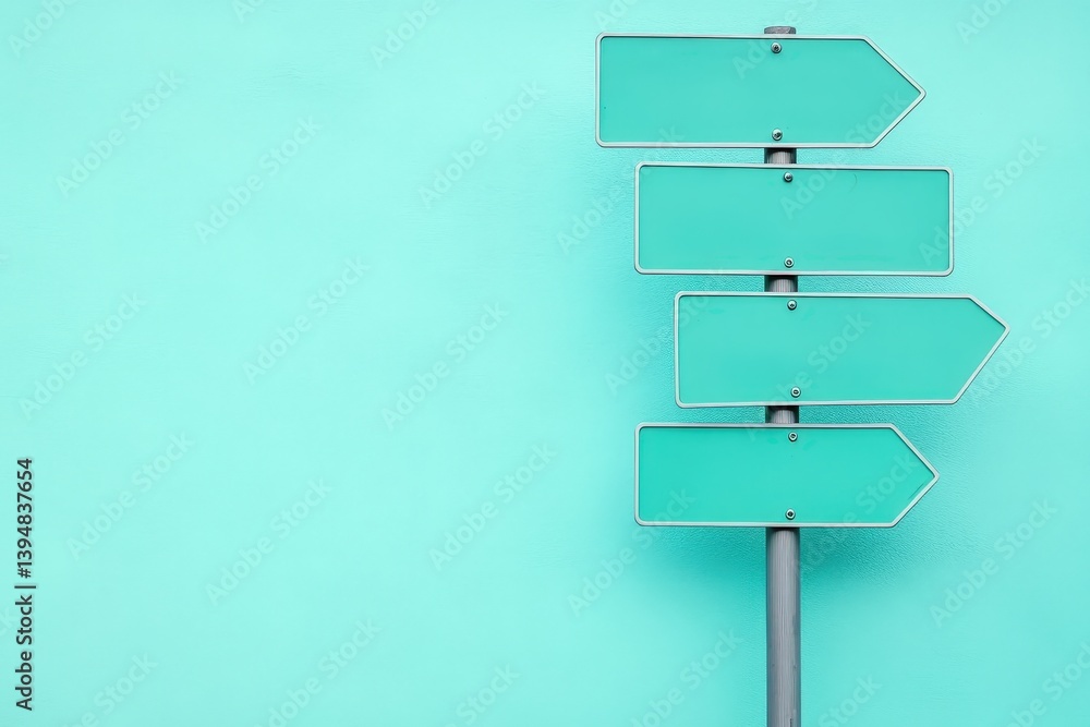 The teal direction signs point towards different possible destinations ahead
