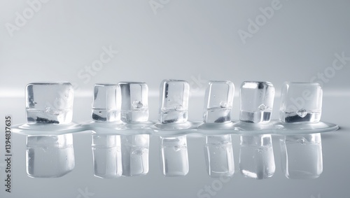 Ice cubes melting in a clear and natural way on a white reflective background.