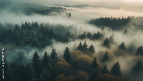 Fototapeta Naklejka Na Ścianę i Meble -  Melancholic woodland landscape enveloped in fog.