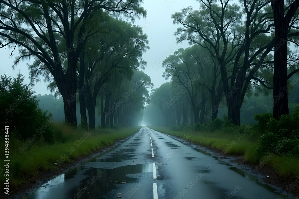 Obraz premium A Deserted Stormy Rural Road Stretches into the Misty Distance with Overhanging Trees Casting Shadows, Creating an Atmospheric and Slightly Eerie Ambiance