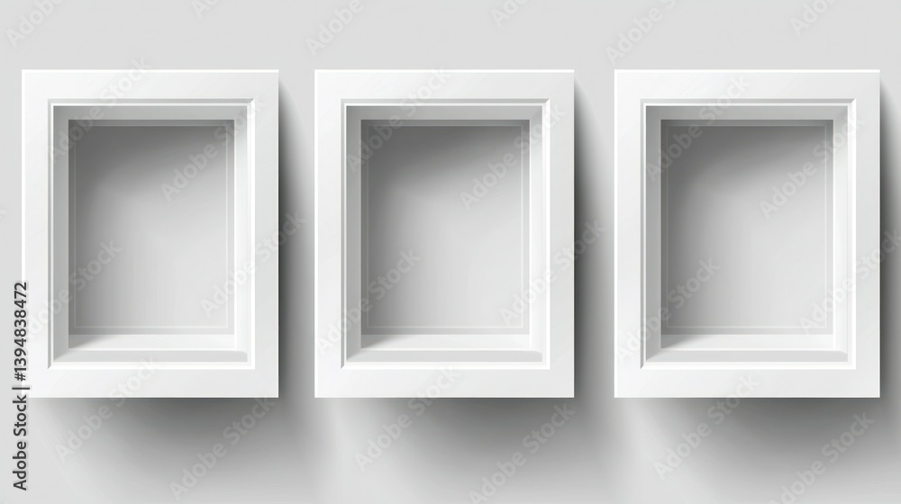 Three square, white, empty display boxes on a neutral background with shadows Three square, white, empty display boxes on a neutral background with shadows