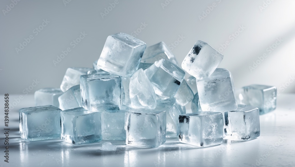 Obraz premium Luminous ice cubes of natural origin on a white canvas.