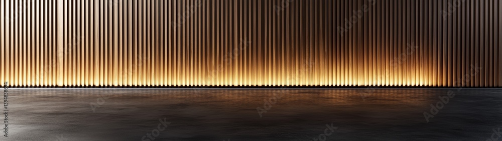 A vertical slatted wood-panel wall, evenly illuminated to highlight its texture. The dark concrete floor contrasts elegantly with the warmth of the wall. A vertical slatted wood-panel wall, evenly illuminated to highlight its texture. The dark concrete floor contrasts elegantly with the warmth of the wall.
