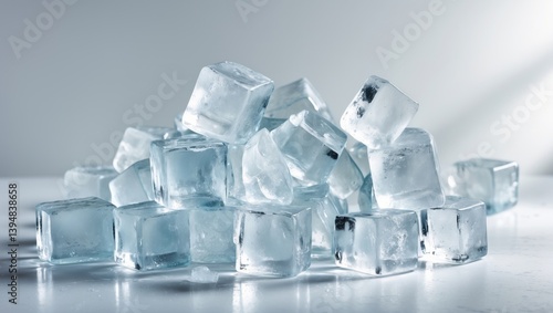 Luminous ice cubes of natural origin on a white canvas.