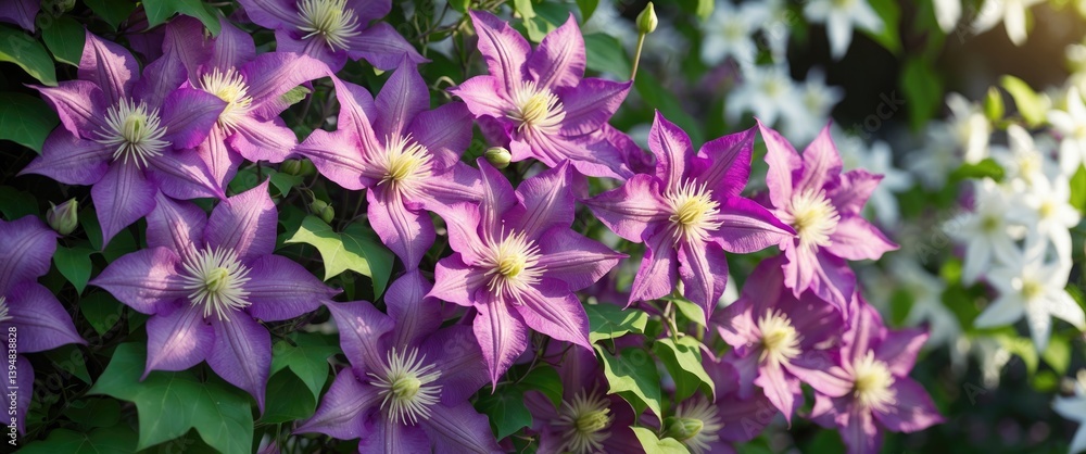 Close-up of vibrant purple clematis flowers with green leaves in sunlight