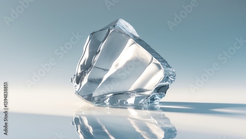 Single piece of clear ice crystal against a white background featuring reflection.