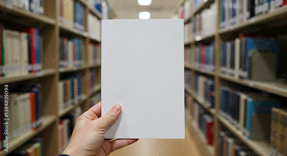 Blank Book Cover Mockup in Library Setting Hand Holding White Paper Education Concept Blank Book Cover Mockup in Library Setting Hand Holding White Paper Education Concept
