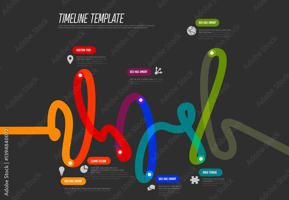 Colorful Infographic Timeline Template with Key Points on thick colorful time line and dark background