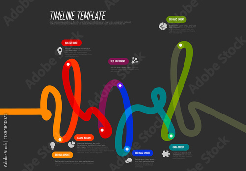 Colorful Infographic Timeline Template with Key Points on thick colorful time line and dark background