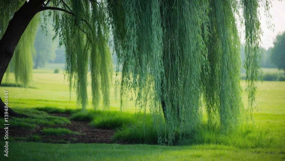 Fototapeta premium Tall Willow Tree on Recently Cut Grass
