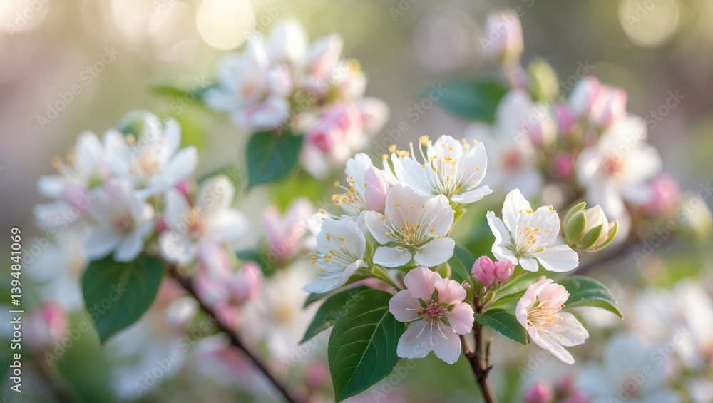 Intimate shot of tender white blooms at peak bloom, adorned with subtle pink tones and bright green leaves. Intimate shot of tender white blooms at peak bloom, adorned with subtle pink tones and bright green leaves.