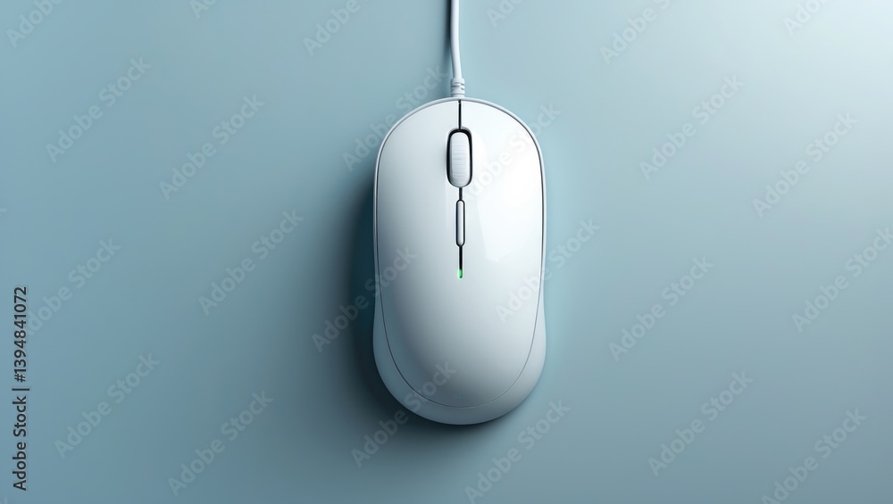 Contemporary wired mouse against a light blue backdrop, overhead perspective Contemporary wired mouse against a light blue backdrop, overhead perspective