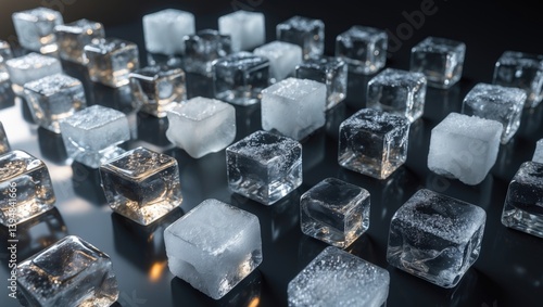 Textured ice cubes with trapped air bubbles in the background.