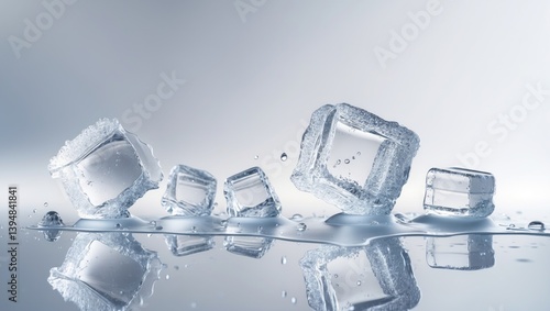 Natural crystal clear ice cubes melting, isolated on a white background with a mirrored surface.