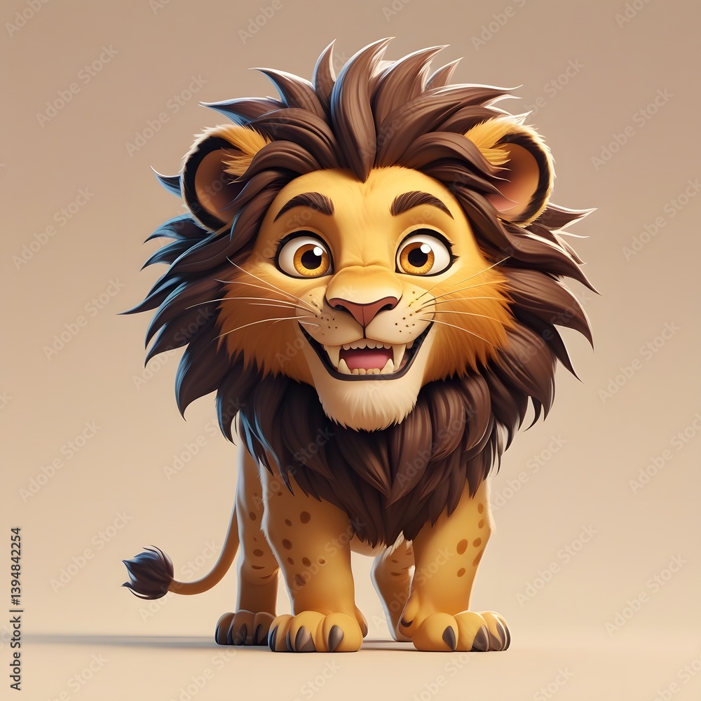 Obraz premium A cartoon lion with a brown mane and yellow fur standing and smiling on a neutral background studio shot
