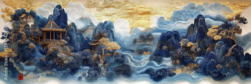 blue vector chinese mountains landscape with pavilions in style of embroidery craft illustration