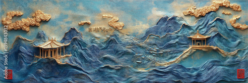 blue vector chinese mountains landscape with pavilions in style of embroidery craft illustration
