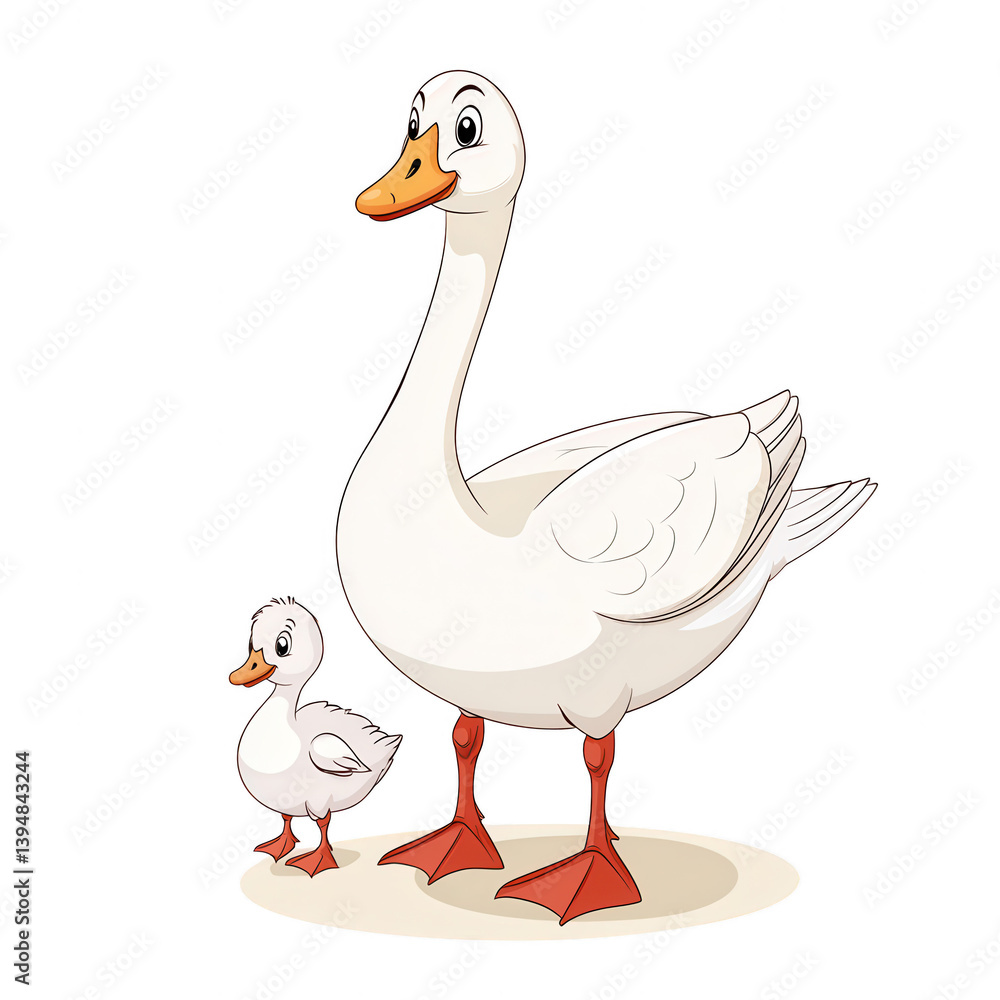 Obraz premium A cartoon illustration of a mother goose with her duckling, showcasing their cheerful expressions. Perfect for children's content, educational materials, or nature-themed designs.