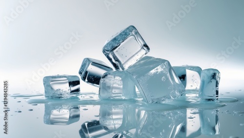 Melting ice cubes that are crystal clear and natural, set against a white background with a reflective surface.