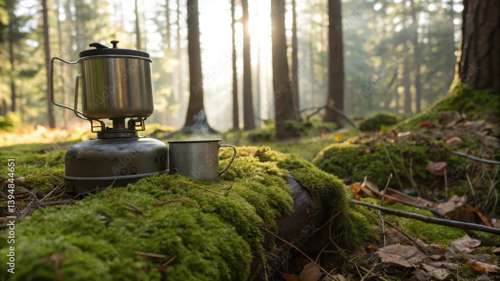 Camping gear on mossy ground in a tranquil forest setting. Camping gear on mossy ground in a tranquil forest setting.