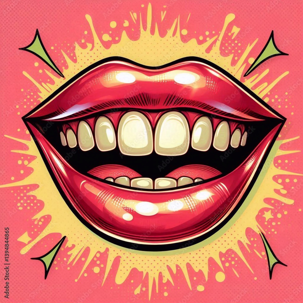 Naklejka premium A flirty and seductive illustration of glossy red lips being licked by a tongue. This cheeky design exudes playful energy and sensual confidence, a pop art aesthetic.