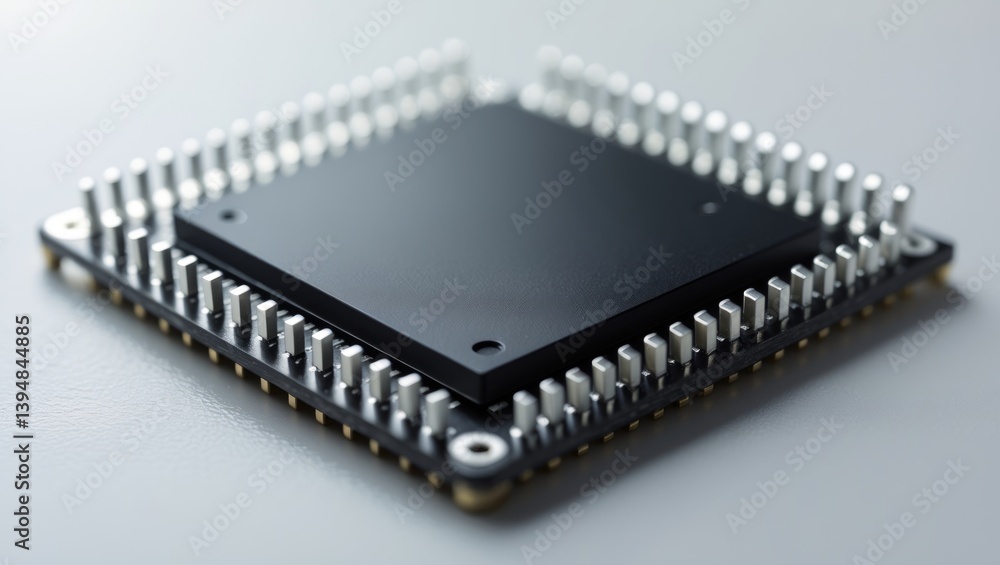 Macro photograph of a microchip set against a white backdrop. Computer hardware technology. Isolated integrated communication processor on a white surface. Information engineering. Semiconductor Macro photograph of a microchip set against a white backdrop. Computer hardware technology. Isolated integrated communication processor on a white surface. Information engineering. Semiconductor