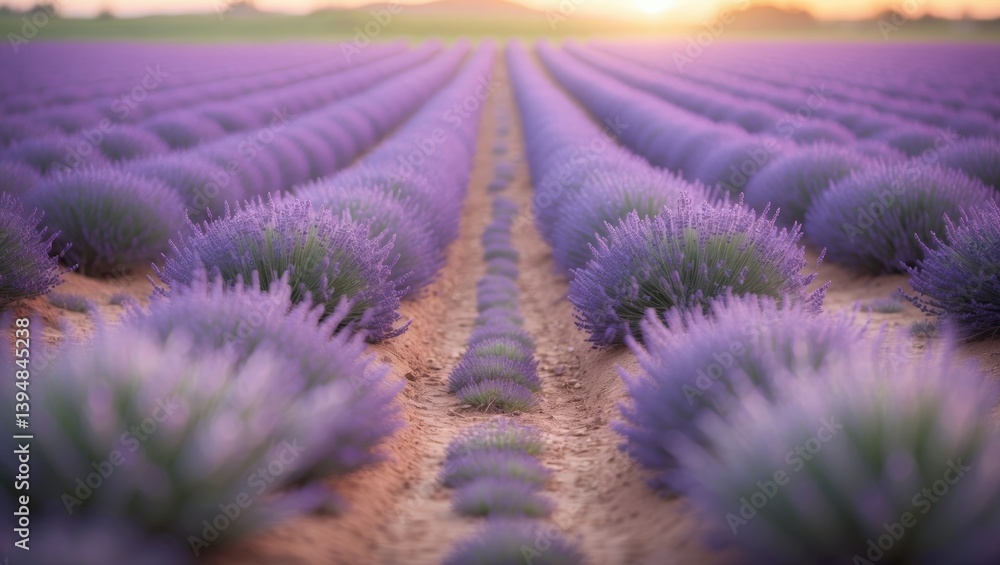 Obraz premium Fields of lavender at dusk. Lines of flowering lavender reach towards the horizon.