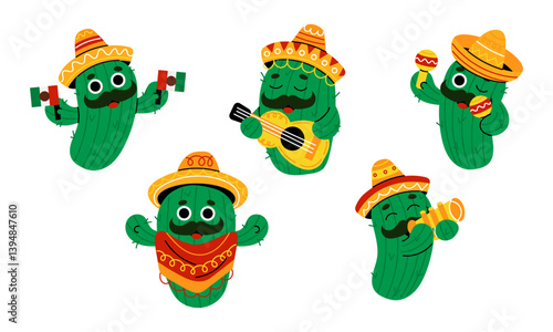 Set of cute cactus in sombrero with Mexican attributes flags, guitar, maracas, poncho and trumpet. Сartoon characters for Viva Mexico or cinco de mayo, traditional Latin holidays and fiesta design.