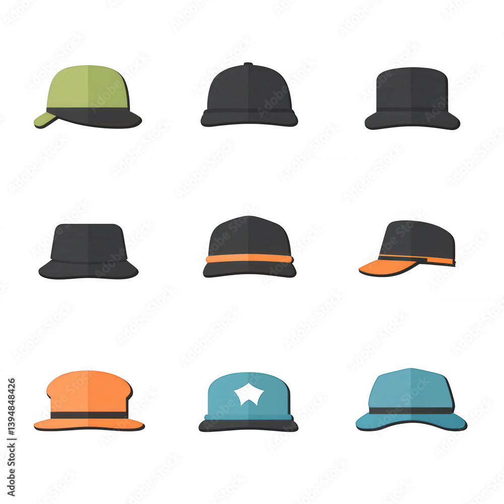 Collection of stylish hats in various colors and designs against a white isolated background, perfect for fashion or merchandise use. Collection of stylish hats in various colors and designs against a white isolated background, perfect for fashion or merchandise use.