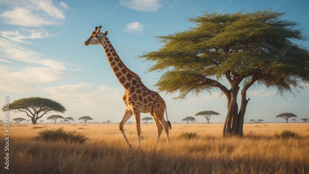 Fototapeta premium One giraffe traverses the savannah surrounded by plants