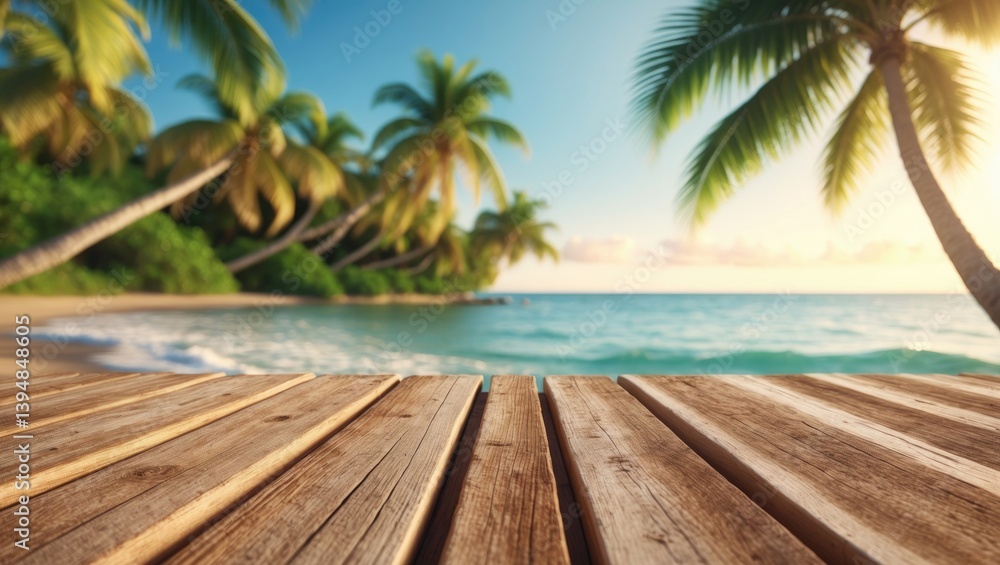 Wooden tabletop with indistinct sea and tree backdrop - Vacant and prepared for your product display montage. Idea of summer beach Wooden tabletop with indistinct sea and tree backdrop - Vacant and prepared for your product display montage. Idea of summer beach