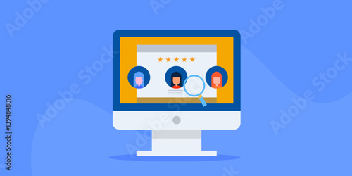 Multiple customer profile on laptop screen, analysing user behaviour with magnifier, data driven marketing concept.