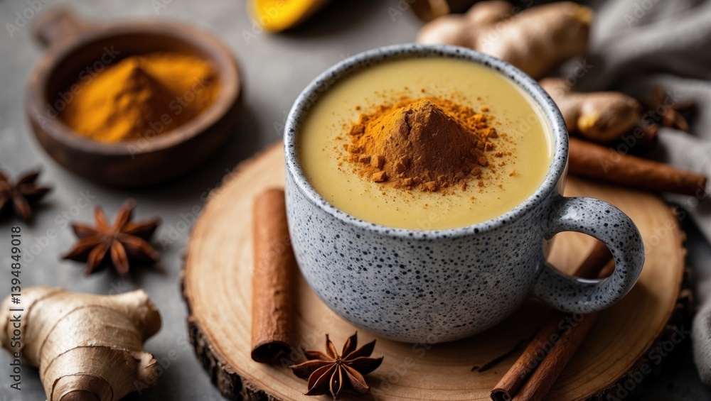 Cinnamon-dusted turmeric latte, presented in a sleek, high-quality composition. The beverage is set in a bright, inviting environment.