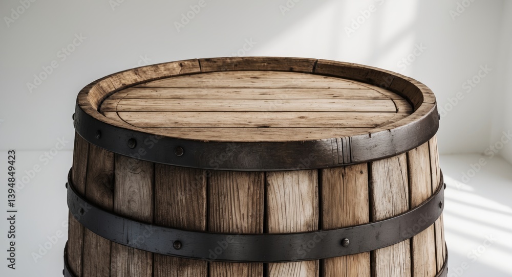 Fototapeta premium Old wooden vat placed on a white canvas