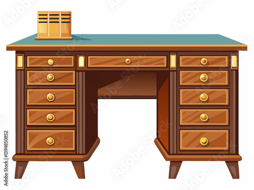 A high-quality vector illustration of a modern wooden office desk with drawers, isolated on a white background