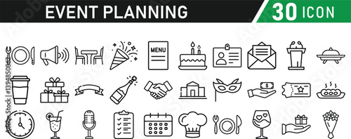 Events and Planning icon set. Includes balloon, confetti, party hat, gift, event ticket, decoration, and more. Editable stroke. Vector illustration