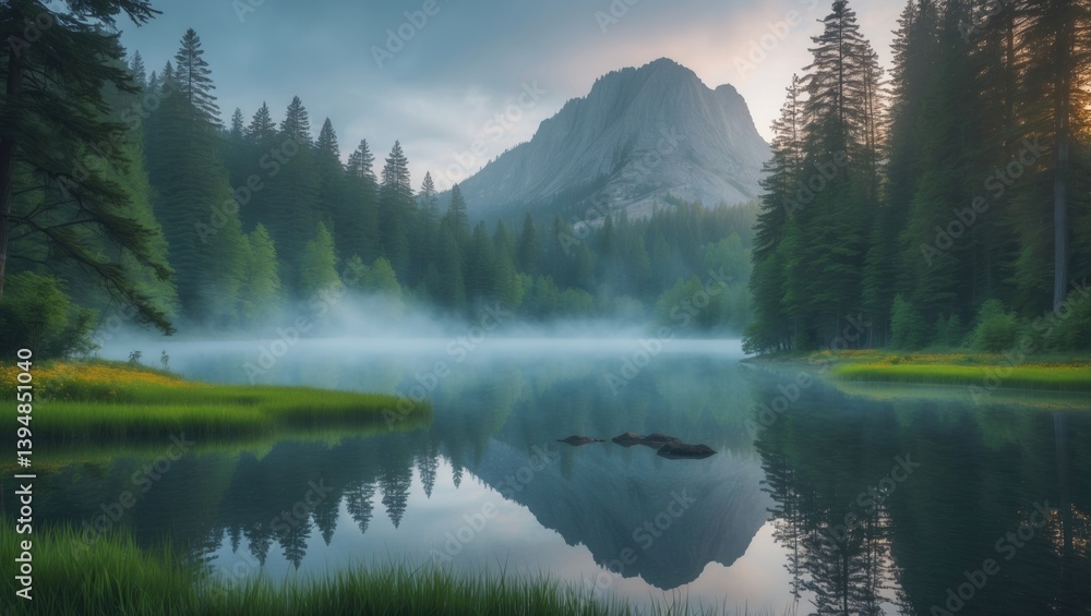 Naklejka premium Stunning misty morning landscape of nature. Forest lake view with rocky peak backdrop. Breathtaking wilderness at sunrise. Incredible natural summer vista.