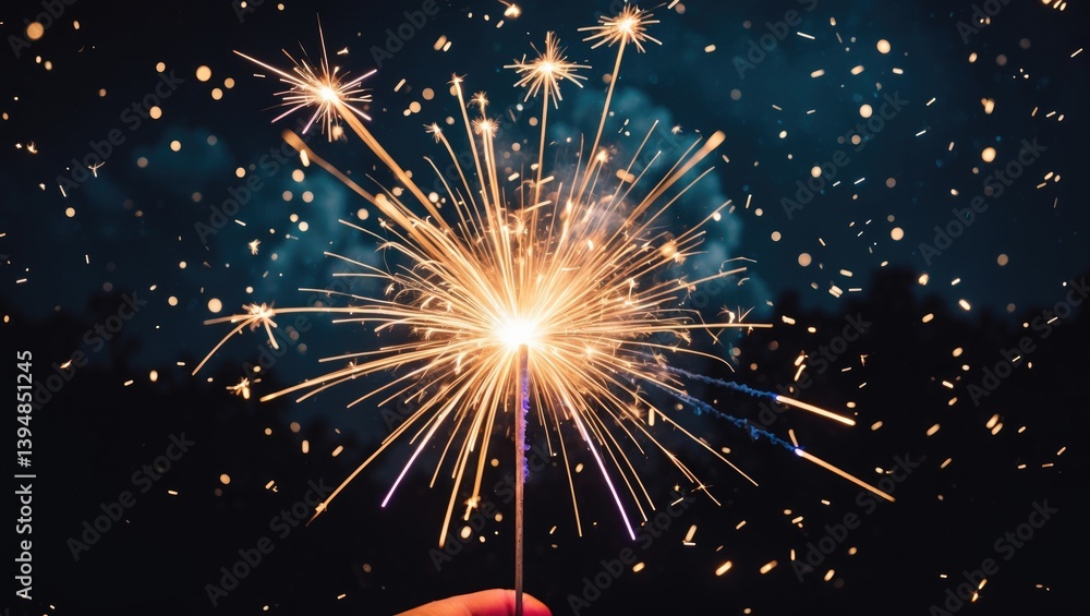 Fototapeta premium Sparkler firework explosion against a black bokeh backdrop at night, celebratory event party, dark vintage style