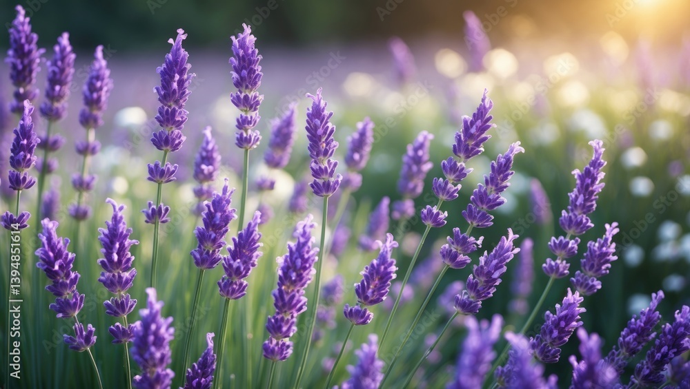 Naklejka premium Lavender fields. Close examination of lavandin and lavender flowers. Raising lavender bushes for the creation of oil or hydrolate.