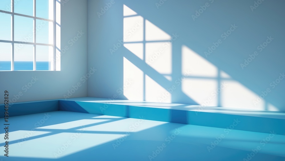 Obraz premium Presentation of a studio-style wall decoration featuring white and blue tones, with window shadows adding depth to the decorative backdrop concept.