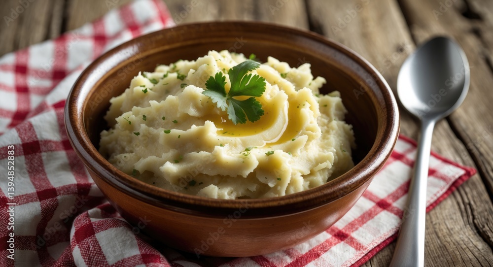 Savor the coziness of mashed potatoes in a bowl, accompanied by a napkin and a spoon on a rustic wooden table Savor the coziness of mashed potatoes in a bowl, accompanied by a napkin and a spoon on a rustic wooden table