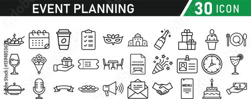 Events and Planning icon set. Includes balloon, confetti, party hat, gift, event ticket, decoration, and more. Editable stroke. Vector illustration