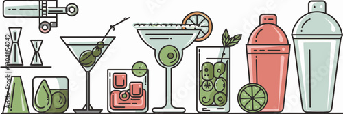 Cocktail and mixology workshop icon set – Ideal for event posters, bartending schools, or drink tutorial videos