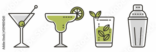 Clean cocktail icon set with martini, margarita, mojito, and shaker – Perfect for bar promotions, mixology content, or lifestyle branding