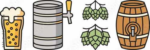 Minimalist craft beer icon set with pint glass, keg, hops, and brewery barrel – Ideal for modern beer brands, beer lover merchandise, or bar and restaurant marketing.
